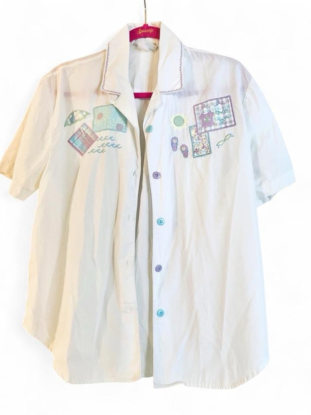 Jantzen 90s VTG White Short Sleeve Button Down Pastel Beach Motifs Spare Buttons